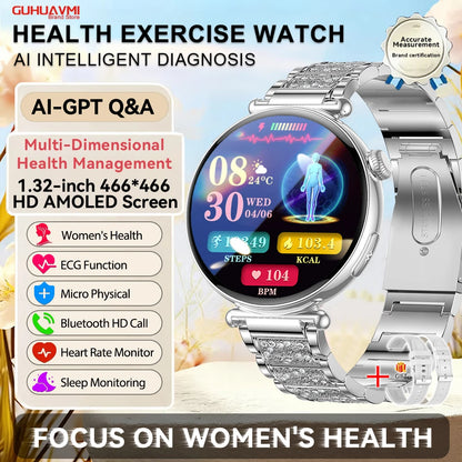 Montre Intelligente Femme 2026 Nouvelle Génération IA Diagnostic Intelligent HRV+ECG Acide Urique Oxygène Sanguin Moniteur de Santé IP68 Étanche Montre Connectée Sport
