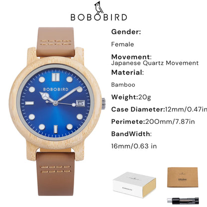 Montre-bracelet en bambou BOBO BIRD pour femme avec bracelet en cuir véritable, naturelle, légère, élégante, cadeau mode pour elle