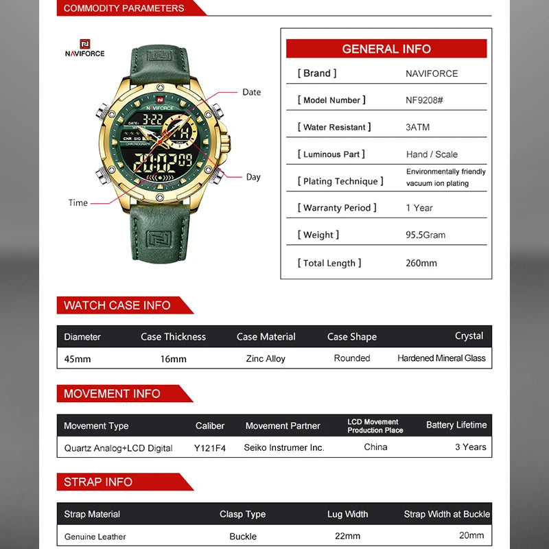 NAVIFORCE Montre Homme de Luxe à Quartz Militaire LED Numérique Étanche Montre-Bracelet Sport Chronographe Horloge Masculine Relogios Masculino