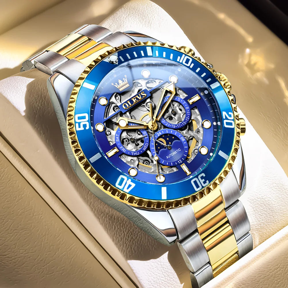 OLEVS Brand Luxury Automatic Mechanical Watch Men Skeleton Watch Week Date Waterproof Stainless Steel Hollow Business Men Watch