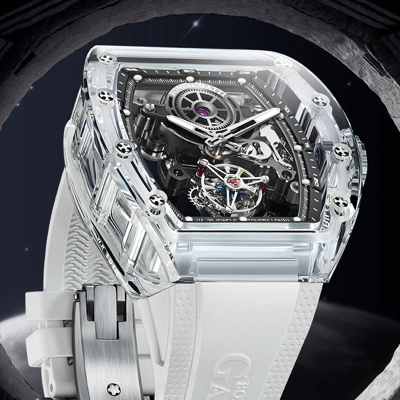 ChronoState BONEST GATTI Tourbillon – Montre Squelette Automatique en Cristal | Bracelet en Caoutchouc Lumineux Saphir