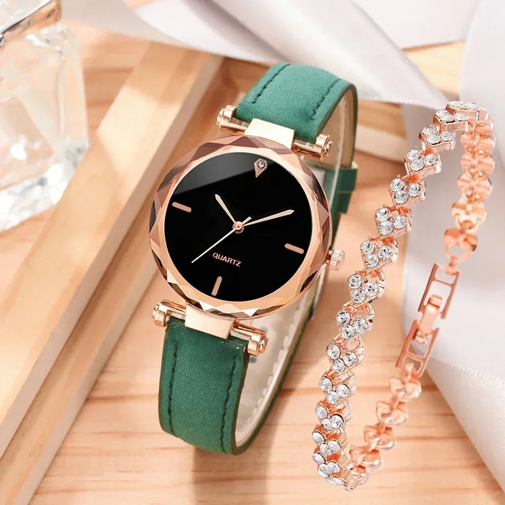 2PCS Set Luxury Watch Women Bracelet  Rhinestone Fashion Wristwatch Female Casual Ladies Watches Bracelet Set Clock