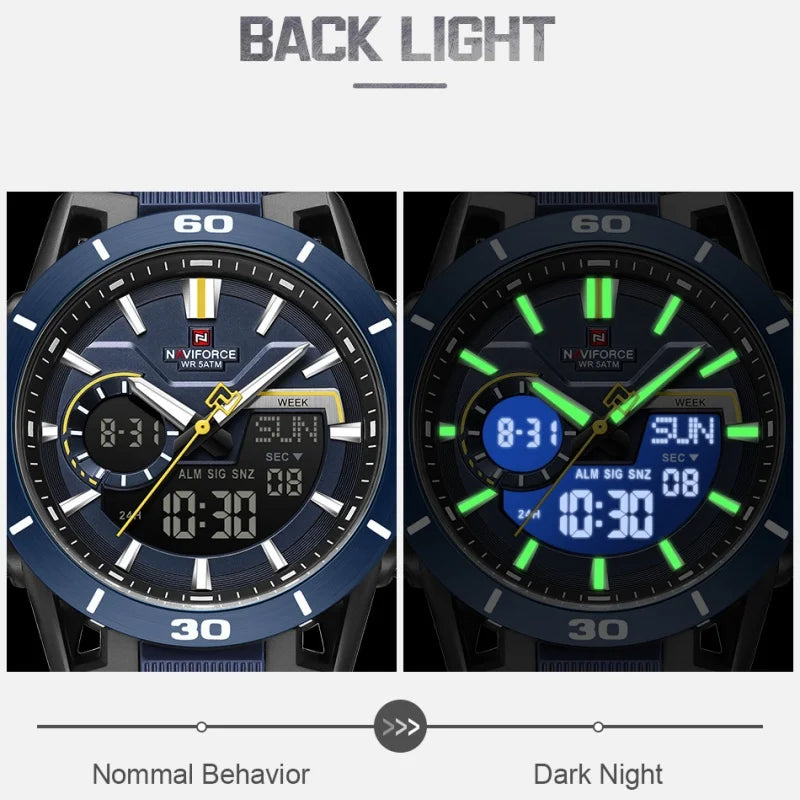 Montre homme décontractée NAVIFORCE de haute qualité, double affichage, sport, étanche, avec compte à rebours, chronographe et réveil, Reloj Hombre