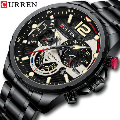 CURREN Montre à quartz mode homme, décontractée, sport, avec cadran chronographe en acier inoxydable et aiguilles lumineuses