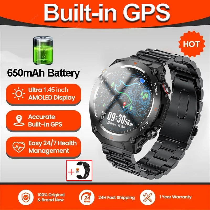 2026 New Military Outdoor Sports Smart Watch Men P68 Waterproof Built-in GPS Compass 650mAh Battery Bluetooth Call Smar twatch
