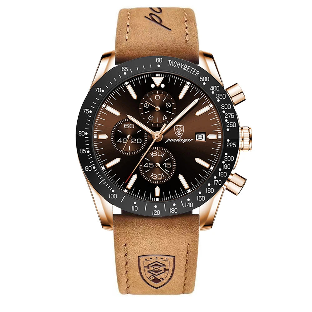 POEDAGAR Montre Homme de Luxe Étanche Lumineuse Date Chronographe Montre-Bracelet à Quartz Homme Haute Qualité Sport Cuir Homme Montres