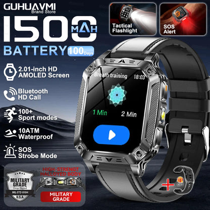 Montre Intelligente Militaire Homme 1500mAh Longue Autonomie Sport Extérieur Montre Connectée Homme Étanche 10ATM Fréquence Cardiaque Appel BT Grande Batterie