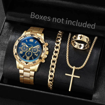 4 pièces/ensemble Montres Homme en Acier Inoxydable Tendance Montre-Bracelet à Quartz de Luxe Ensemble de Bijoux Reloj Hombre (Boîte non incluse)