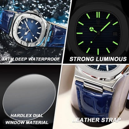 POEDAGAR Montre Homme Carrée Luxe Date Étanche Lumineuse Qualité Supérieure Bracelet Cuir Montre-Bracelet Quartz Homme+Boîte Reloj