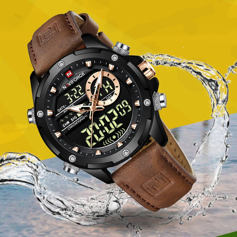 NAVIFORCE Montre tendance homme, charmante et accrocheuse, affichage du jour, de la date et de l'heure, bracelet en cuir souple, aiguille lumineuse, affichage LED, cadeau homme