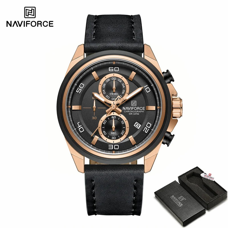 Montre homme décontractée NAVIFORCE Résistante à l'eau 3 ATM, calendrier, cadran lumineux avec bracelet en cuir, cadeau, design original