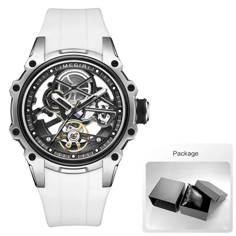 MEGIR Sports Automatic Mechanical Watch for Men Fashion Stainless Steel Cased Wristwatch with White Silicone Strap Skeleton Dial