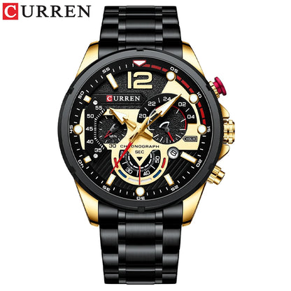 CURREN Montre à quartz mode homme, décontractée, sport, avec cadran chronographe en acier inoxydable et aiguilles lumineuses