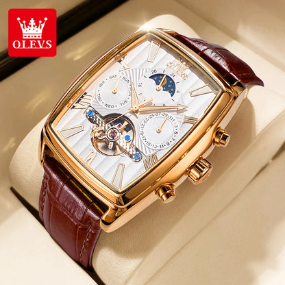 OLEVS 6675 Montre automatique originale pour homme, marque de luxe, cadran carré, phase de lune, volant ajouré, montre-bracelet mécanique pour homme