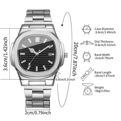 Montre de Luxe pour Homme, Cadran Carré Tendance, Bracelet en Acier Inoxydable, Mouvement à Quartz avec Calendrier (Sans Boîte)