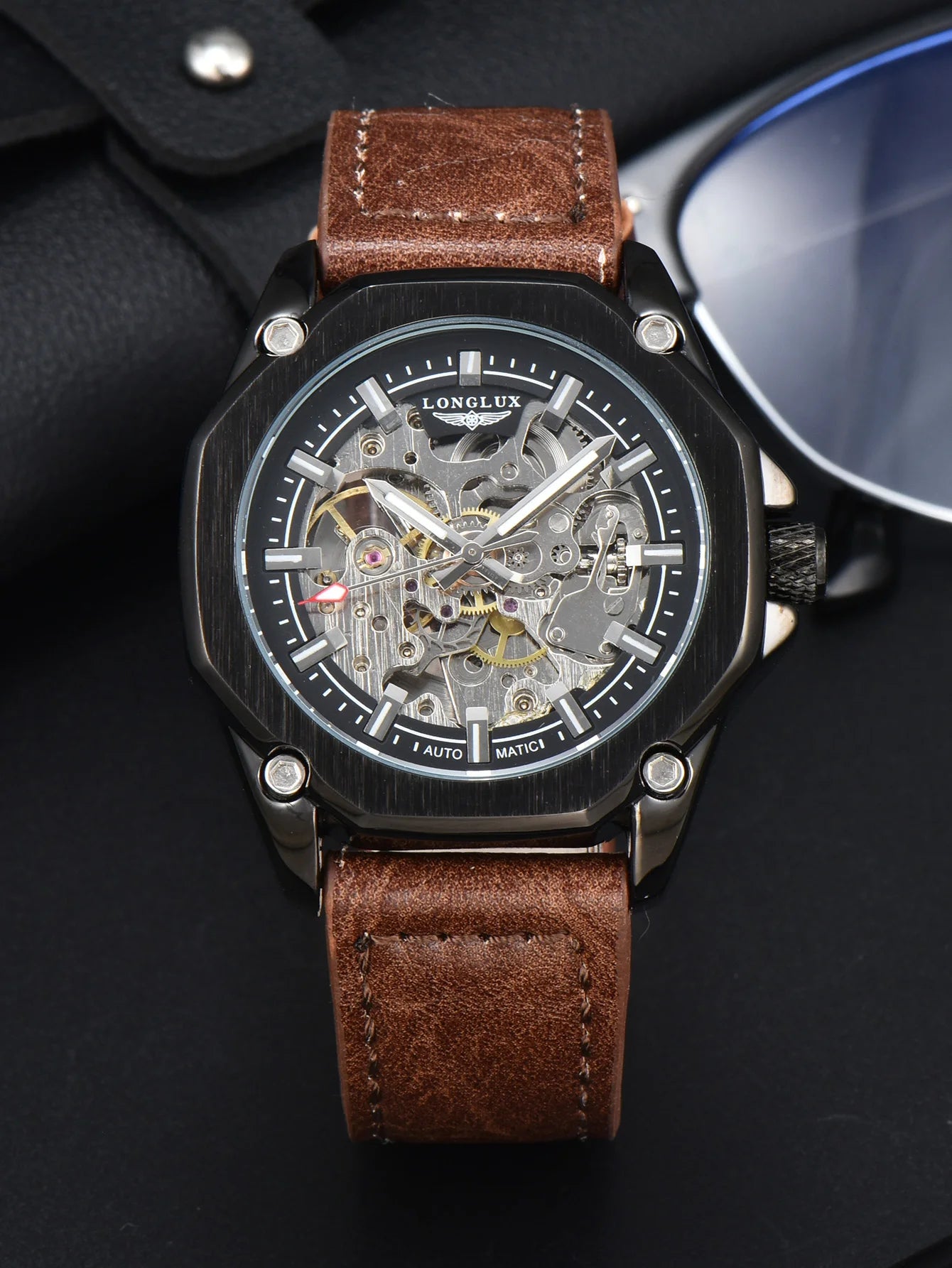 Men automatic watch waterproof sport skeleton mechanical watches outdoors fashion leather mens watch boyfriend gift