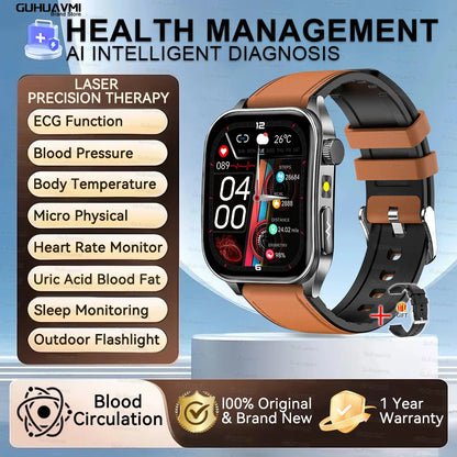 Montre Intelligente de Santé 2026 Thérapie Laser Réduction des Trois Hyper (Tension, Glycémie, Lipides) Oxygène Sanguin Pression Acide Urique ECG Montre Connectée pour Homme