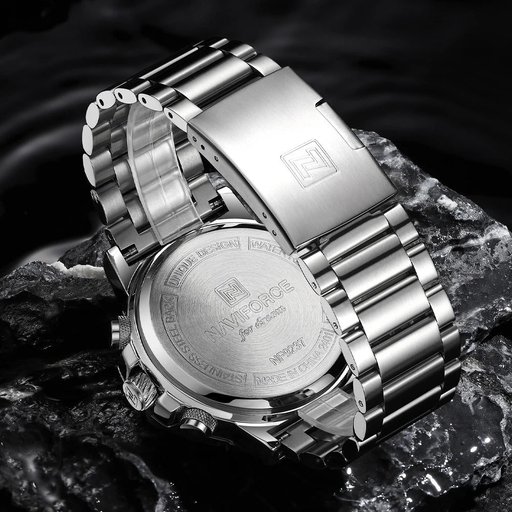 Montre numérique à quartz NAVIFORCE pour hommes, étanche, lumineuse, avec date, bracelet en acier inoxydable, chronographe, montres de sport