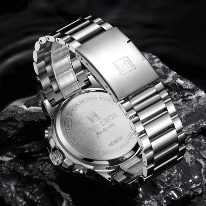 Montre numérique à quartz NAVIFORCE pour hommes, étanche, lumineuse, avec date, bracelet en acier inoxydable, chronographe, montres de sport