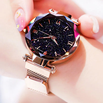 Montres Femme Ciel Étoilé Boucle Magnétique Ceinture en Maille Diamant Montre à Quartz Robe Horloge