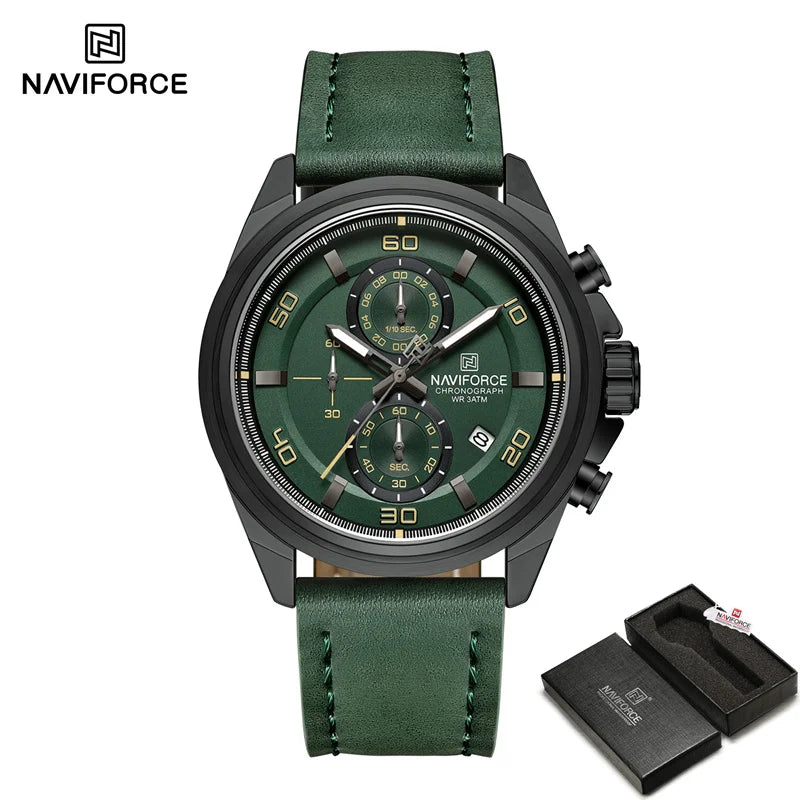 Montre homme décontractée NAVIFORCE Résistante à l'eau 3 ATM, calendrier, cadran lumineux avec bracelet en cuir, cadeau, design original