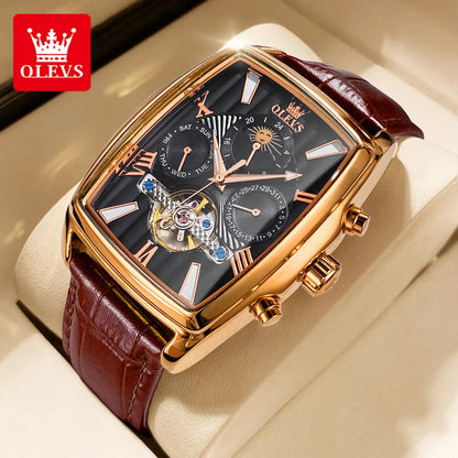 OLEVS 6675 Montre automatique originale pour homme, marque de luxe, cadran carré, phase de lune, volant ajouré, montre-bracelet mécanique pour homme