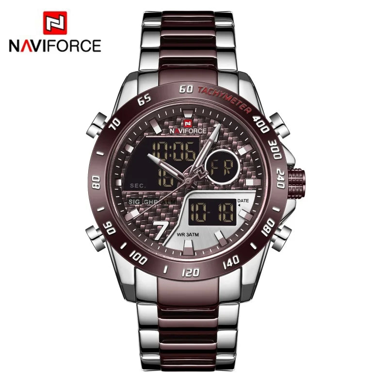 Montres NAVIFORCE Hommes Quartz Double Affichage Lumineux Bracelet en Acier Inoxydable Montre-Bracelet Masculine Affaires Quotidiennes Cadeaux Fête des Pères