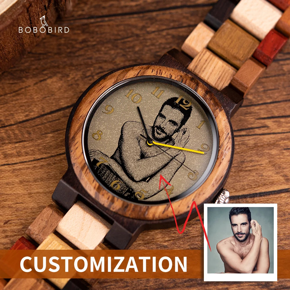 Montre en bois personnalisée BOBO BIRD, cadeau décontracté et mode pour couple avec photo, pour lui, cadeau d'anniversaire, support Dropshipping