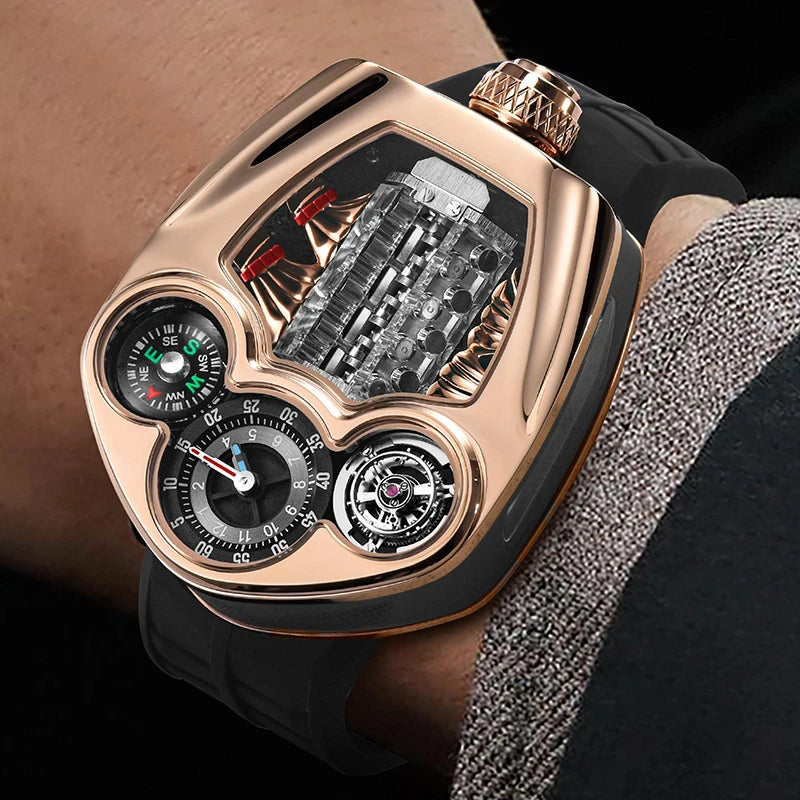 PINDU Engine Series Stainless Steel Compass Watch + Box