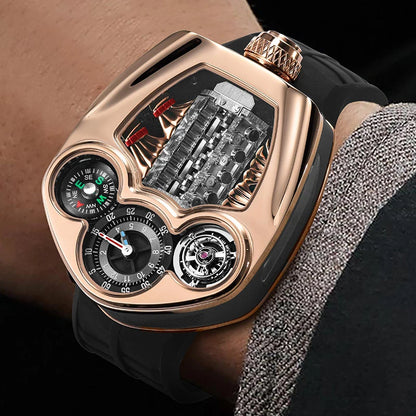 PINDU Engine Series Stainless Steel Compass Watch + Box