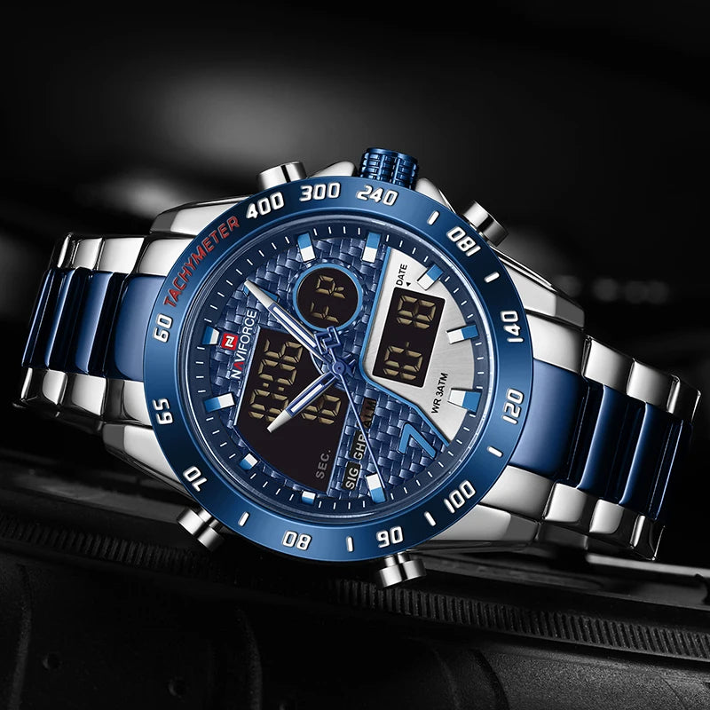NAVIFORCE Montre-bracelet de luxe pour homme, montres de sport militaires numériques pour homme, bracelet en acier, horloge à quartz, Relogio Masculino