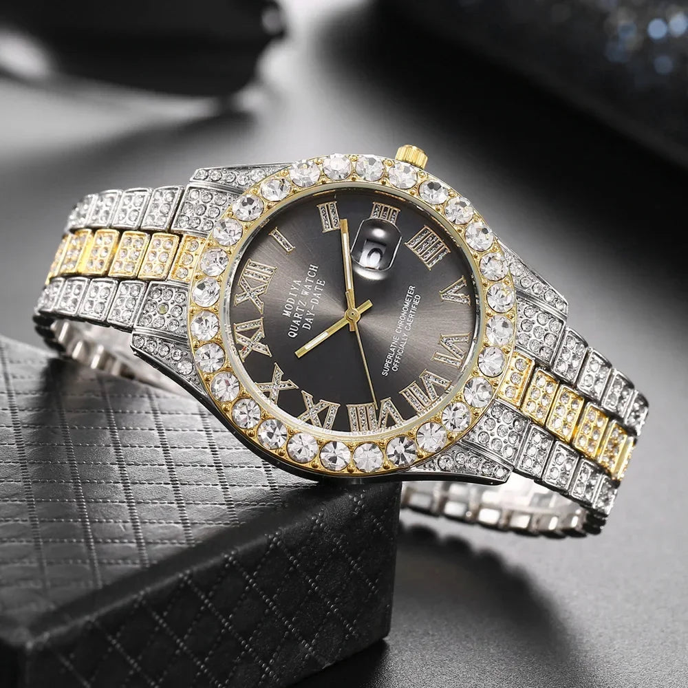 Montre diamant bling homme couleur or vente chaude montre de luxe à quartz montre mâle dropshipping montre-bracelet calendrier strass