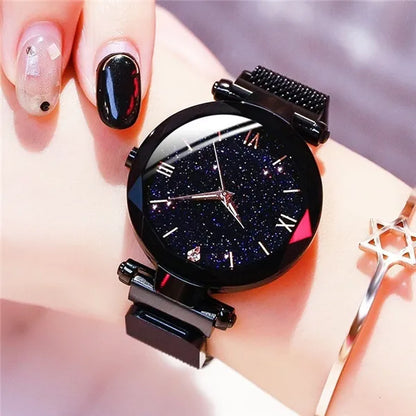 Montres Femme Ciel Étoilé Boucle Magnétique Ceinture en Maille Diamant Montre à Quartz Robe Horloge