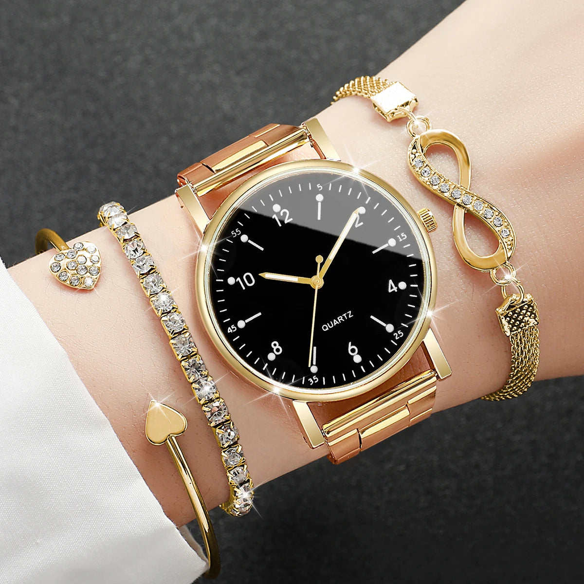 Lot de 4 montres à cadran arabe tendance pour femme, montre-bracelet à quartz pour femme avec strass, ensemble de bracelets Reloj Mujer (sans boîte)