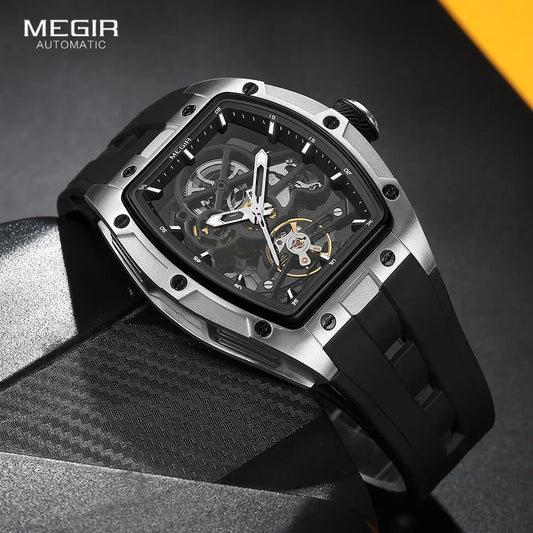 Montre-bracelet MEGIR pour hommes, mode, noire, étanche, mécanique automatique, avec aiguilles lumineuses, bracelet en silicone, cadran tonneau 2242