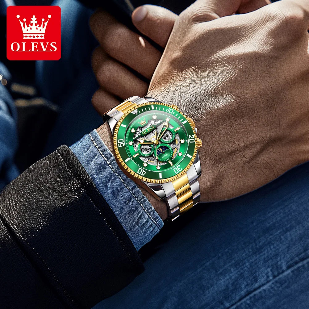 OLEVS 6715 Montre Homme Évidée Date Automatique Mécanique Pour Hommes 43mm Grand Cadran Phase de Lune Montre-Bracelet Étanche Tendance Pour Homme