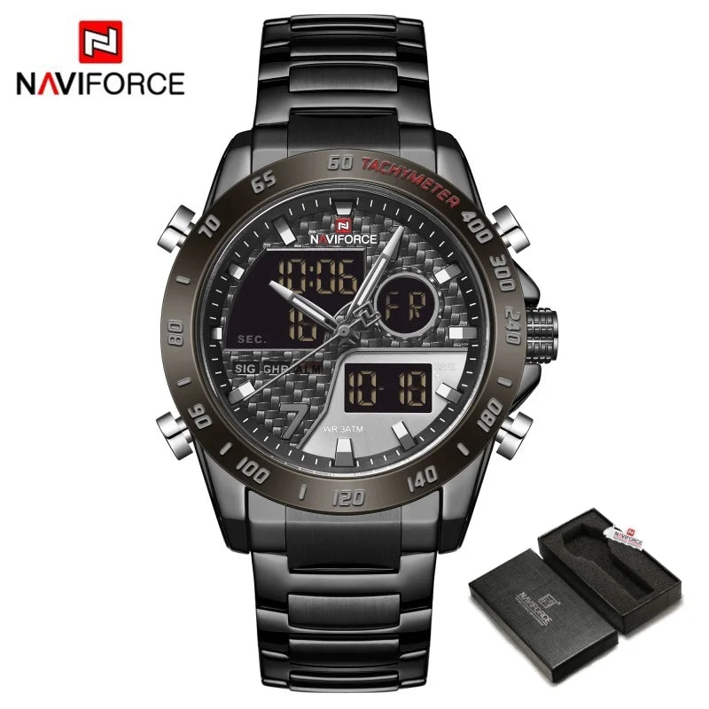 Montres NAVIFORCE Hommes Quartz Double Affichage Lumineux Bracelet en Acier Inoxydable Montre-Bracelet Masculine Affaires Quotidiennes Cadeaux Fête des Pères