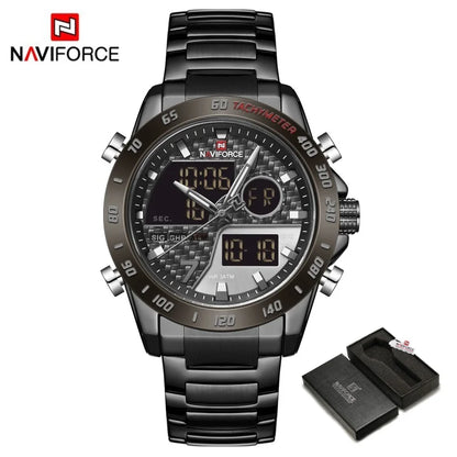 Montres NAVIFORCE Hommes Quartz Double Affichage Lumineux Bracelet en Acier Inoxydable Montre-Bracelet Masculine Affaires Quotidiennes Cadeaux Fête des Pères