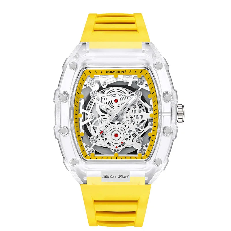 Montre Décontractée Tendance pour Homme Montre à Quartz pour Homme avec Cadran Lumineux, Fonction Calendrier, Bracelet en Silicone, Boîtier Transparent en Forme de Tonneau Reloj