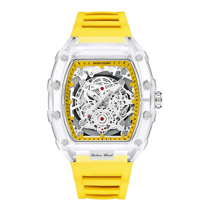 Montre Décontractée Tendance pour Homme Montre à Quartz pour Homme avec Cadran Lumineux, Fonction Calendrier, Bracelet en Silicone, Boîtier Transparent en Forme de Tonneau Reloj