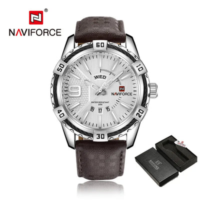 NAVIFORCE Montre Homme Tendance Or Luxe Sport Étanche Militaire Montre-bracelet Affaires Décontracté Bracelet en Cuir Date Horloge 9117