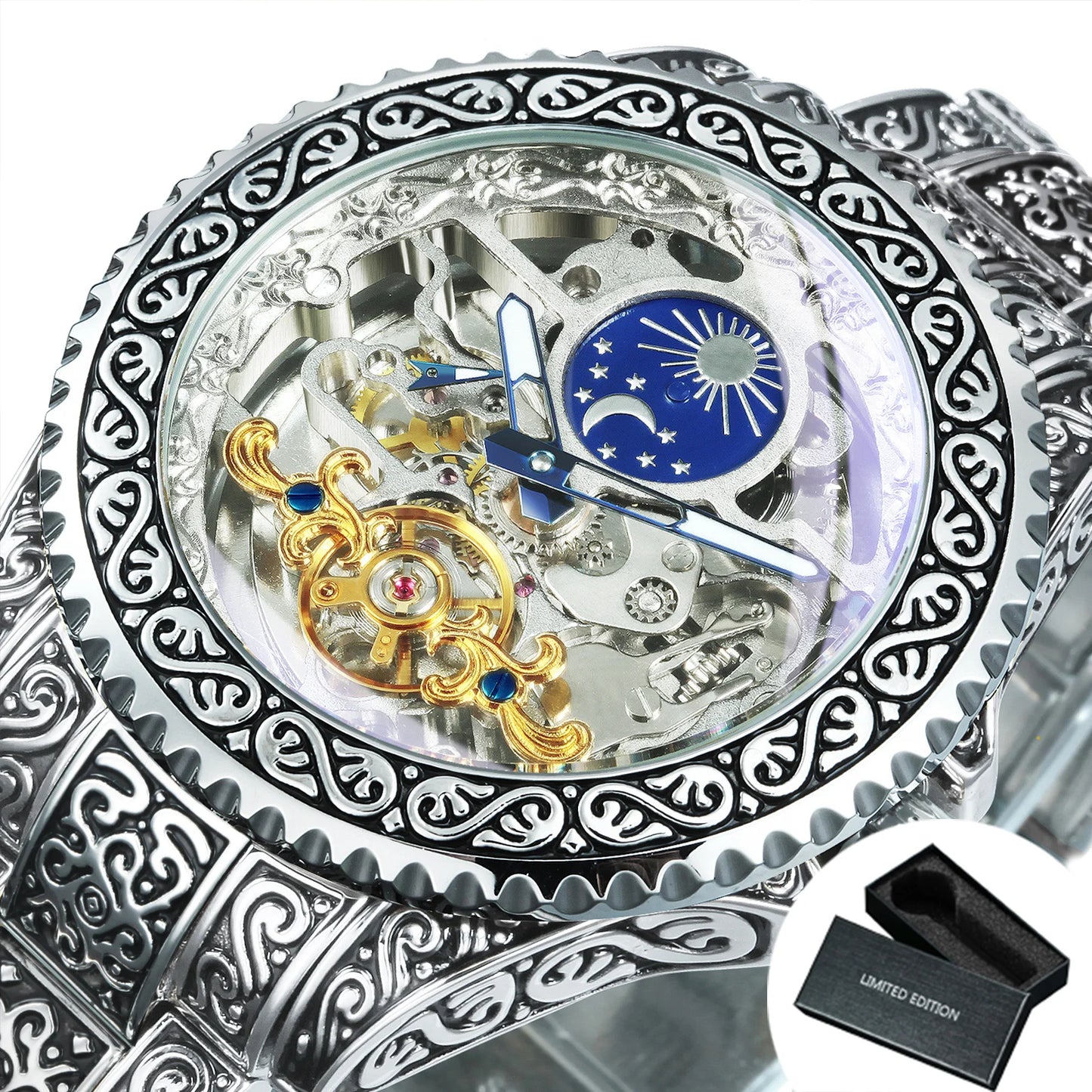 Montre Mécanique Squelette de Luxe Forsining Or Phase de Lune Rétro Gravée Lumineuse Tourbillon Automatique pour Homme Bracelet en Acier