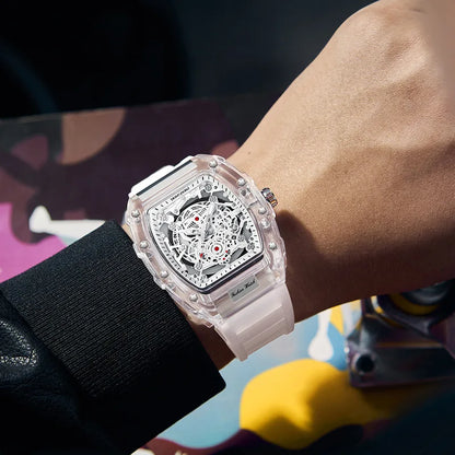 Montre Décontractée Tendance pour Homme Montre à Quartz pour Homme avec Cadran Lumineux, Fonction Calendrier, Bracelet en Silicone, Boîtier Transparent en Forme de Tonneau Reloj