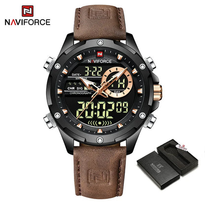 NAVIFORCE Montre tendance homme, charmante et accrocheuse, affichage du jour, de la date et de l'heure, bracelet en cuir souple, aiguille lumineuse, affichage LED, cadeau homme