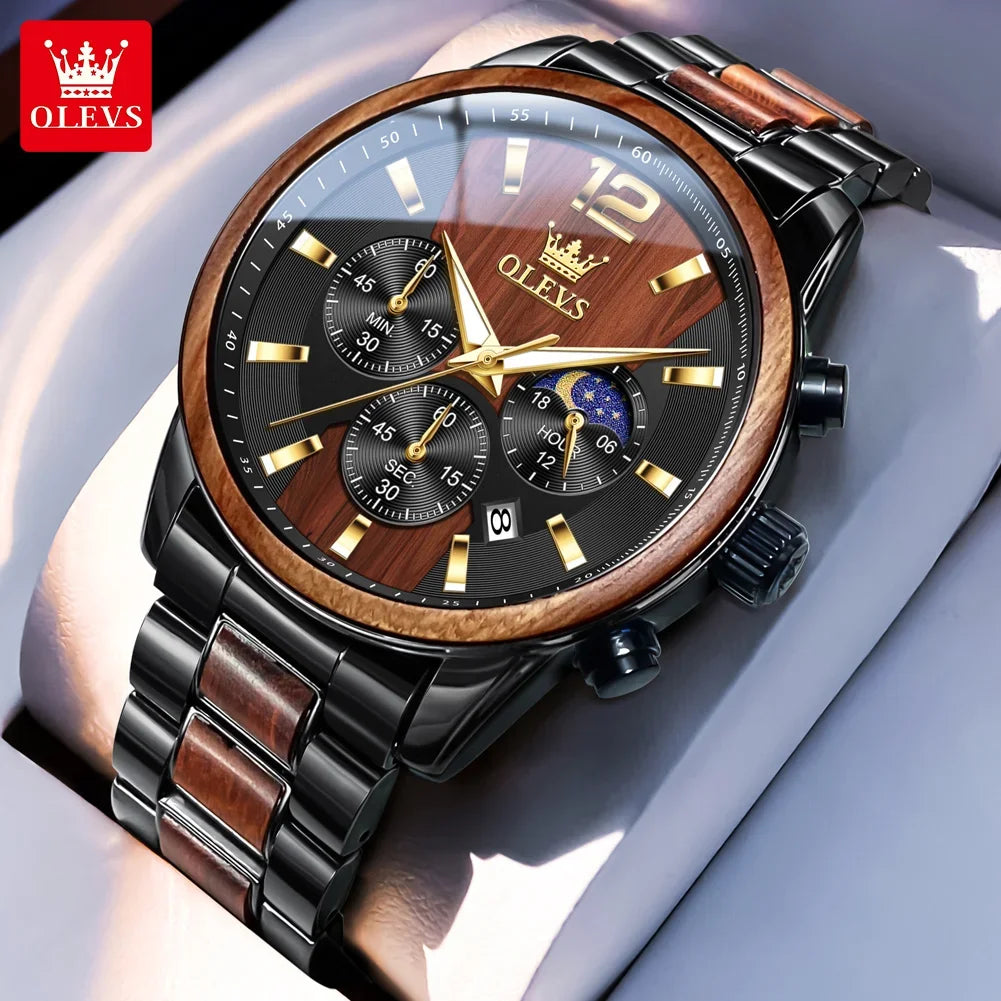 ChronoState OLEVS 3645 – Montre chronographe multifonction phases de lune | Montre de luxe pour homme à quartz et bois
