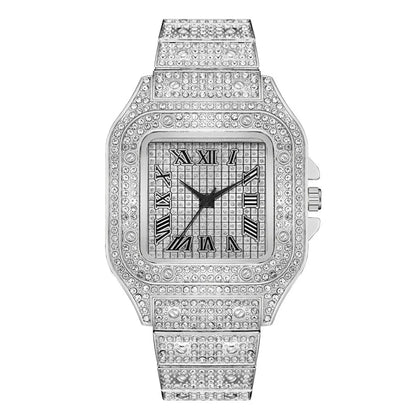 Montre-bracelet à quartz classique de luxe pour hommes avec bracelet en acier, cadran carré à chiffres romains et strass, pour hommes, Relogio Masculino