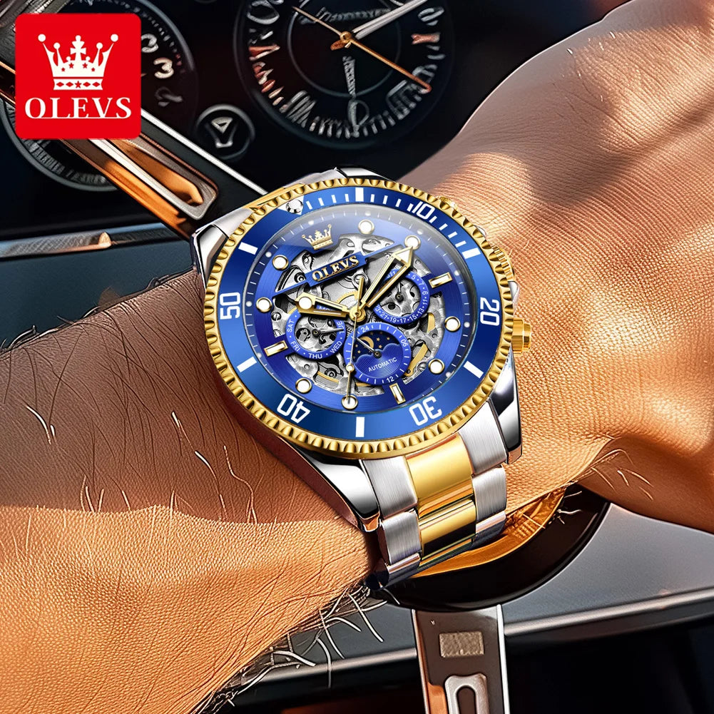 OLEVS Brand Luxury Automatic Mechanical Watch Men Skeleton Watch Week Date Waterproof Stainless Steel Hollow Business Men Watch