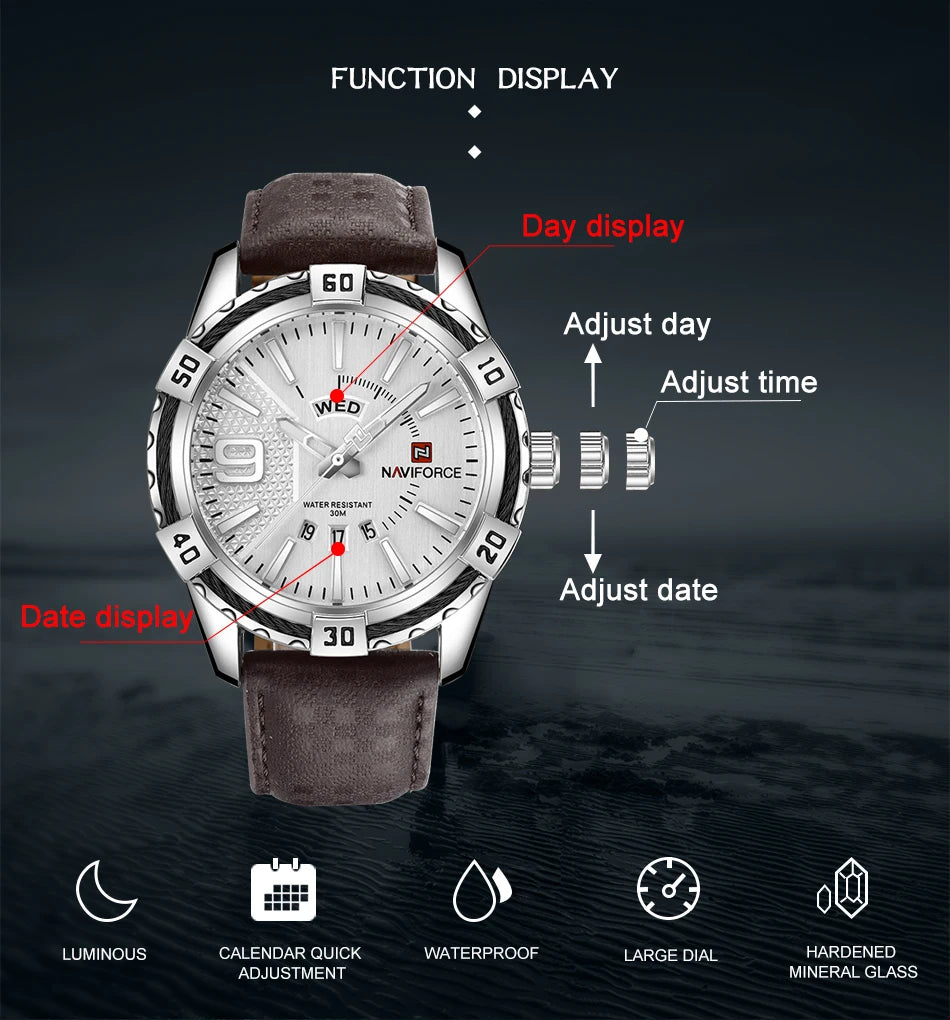 Montres NAVIFORCE militaires sportives lumineuses de luxe pour hommes, affichage du jour et de la date, étanches, en cuir, montres-bracelets à quartz pour hommes
