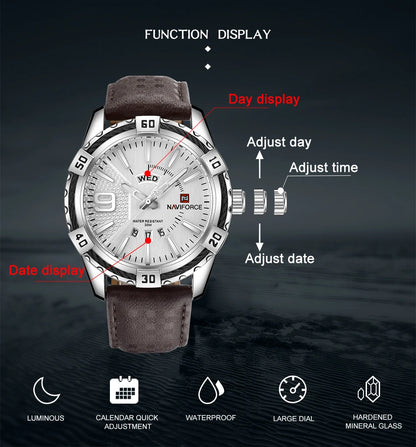 Montres NAVIFORCE militaires sportives lumineuses de luxe pour hommes, affichage du jour et de la date, étanches, en cuir, montres-bracelets à quartz pour hommes