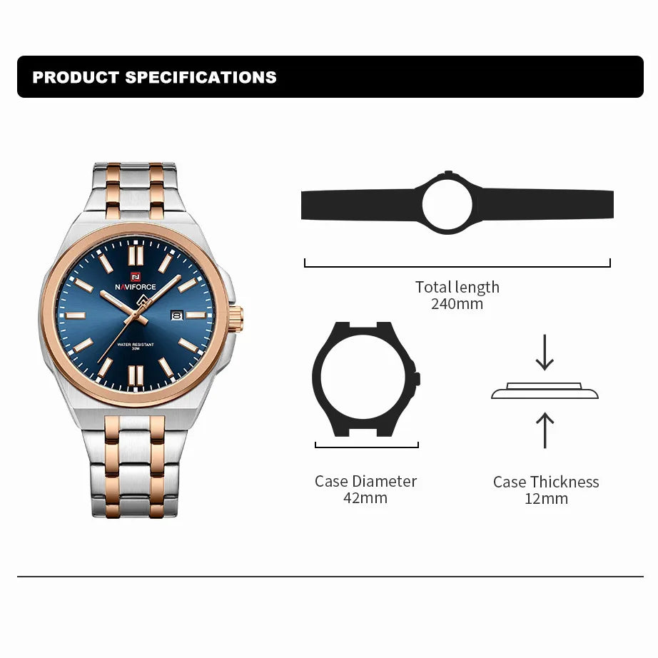 Montre bracelet de luxe à Quartz NAVIFORCE pour hommes, lumineuse, en acier, étanche avec calendrier, cadeau Reloj Hombre